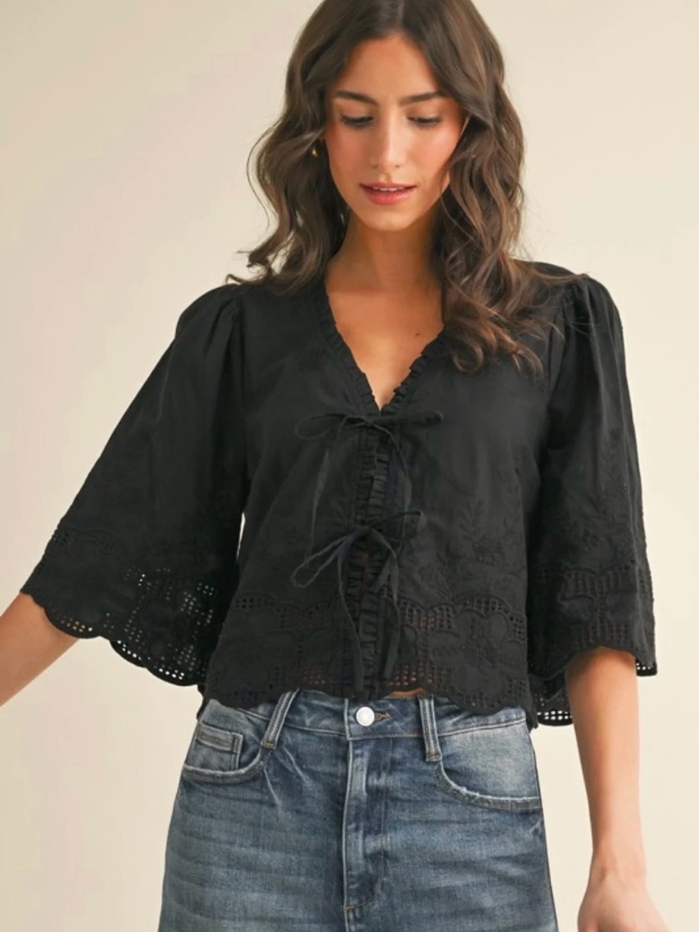 Annie Wear Floral Black Embroidery Tie Front Peasant Blouse